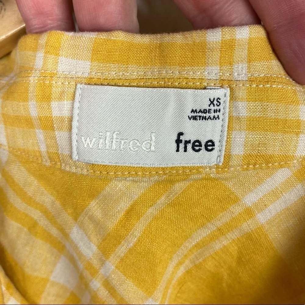 Aritzia Linen Wilfred Free Yellow Plaid Tie Front Short‎ Sleeve Button Down Top - Picture 4 of 10